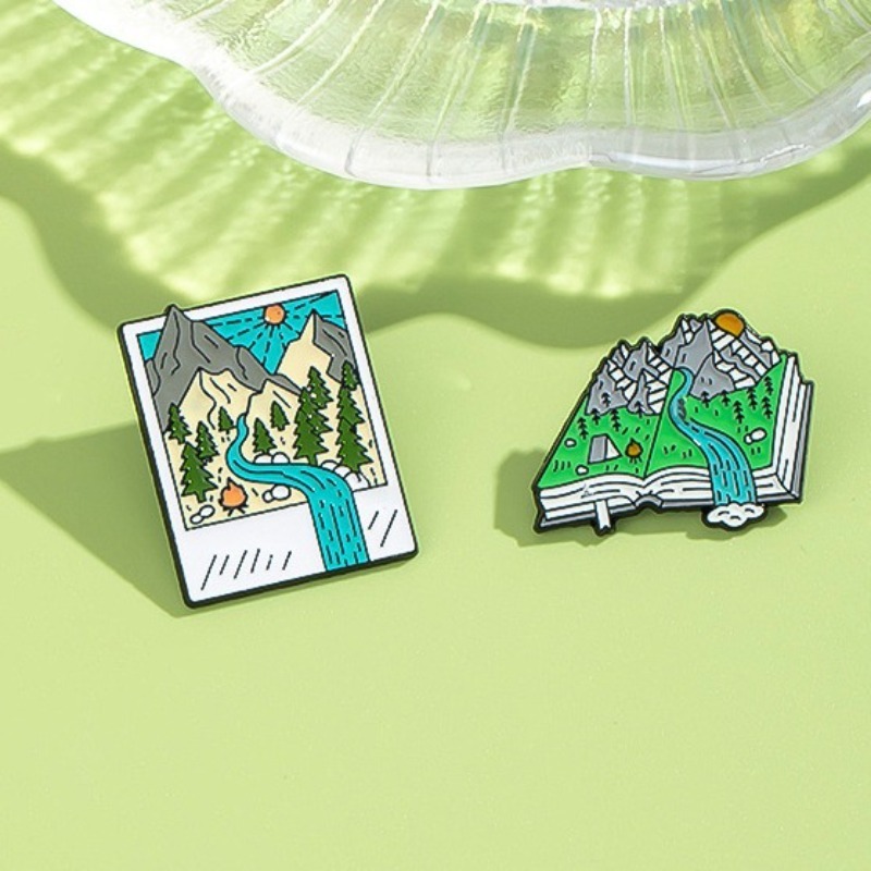 Outdoor Adventure Books - Adventure-Themed Enamel Pins: Mountain Stream Book-Shaped